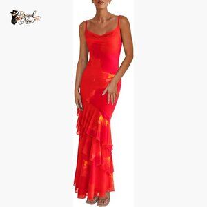 Polyester Maxi Dress Spaghetti Strap Bodycon Sundress Wedding Guest
